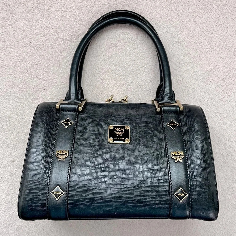 MCM Small Black Leather Satchel Boston Handbag